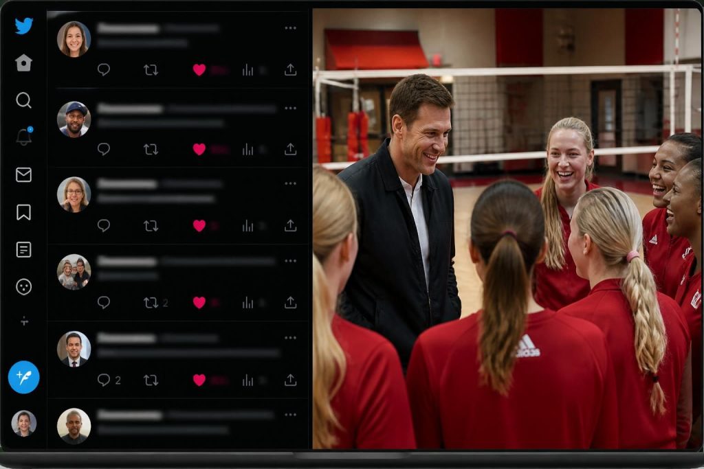 ontdek hoe sociale media reageren op het bezoek van tom brady aan het nebraska volleybalteam en de impact van deze ontmoeting.