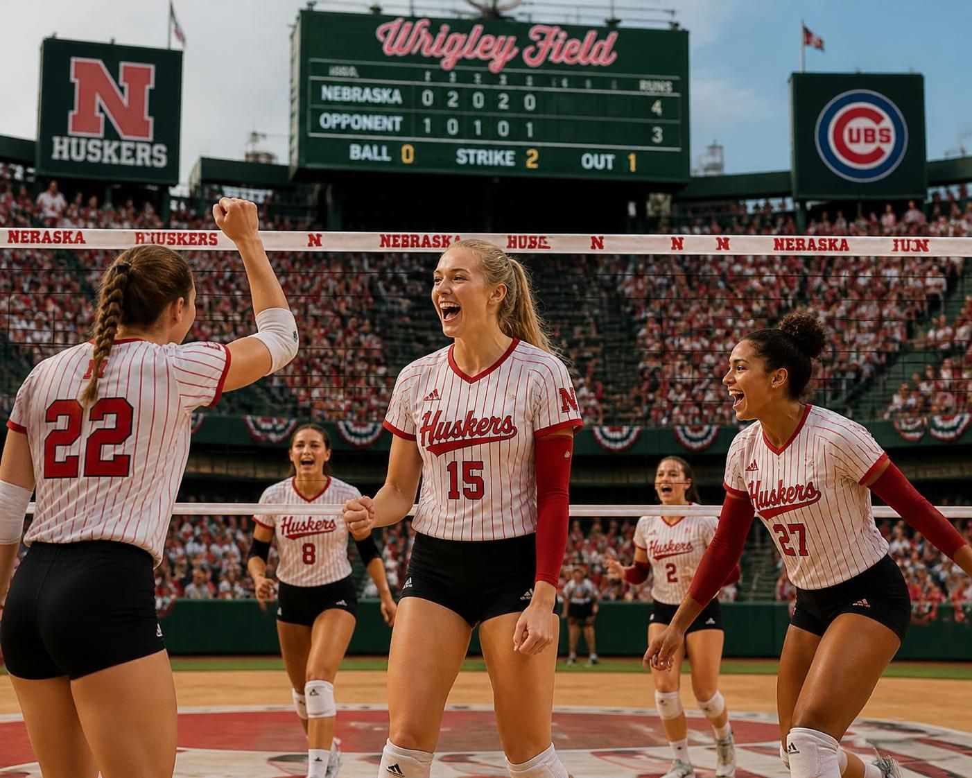 husker volleybalteam speelt in unieke honkbal-geïnspireerde shirts tijdens spannende wedstrijd op het iconische wrigley field.
