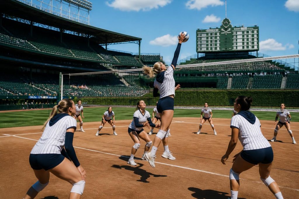 het husker volleybalteam speelt in honkbal-geïnspireerde shirts tijdens een spannende wedstrijd in het iconische wrigley field.