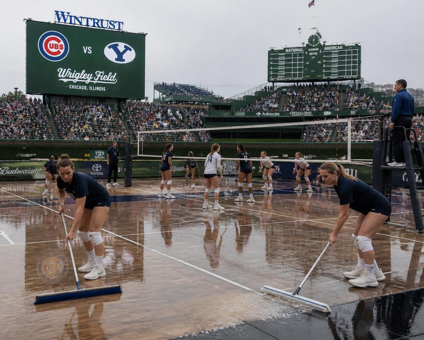 een volleybalwedstrijd in nebraska in wrigley field werd abrupt stilgelegd vanwege problemen met het speelveld, wat voor onverwachte vertragingen zorgde.